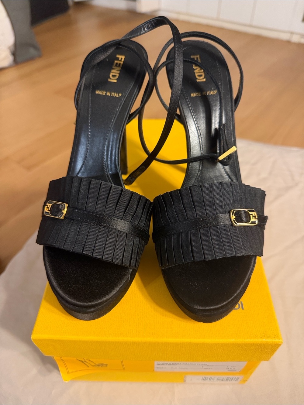 Fendi Black Pleated Strap High-Heel Sandals with Gold Accents
